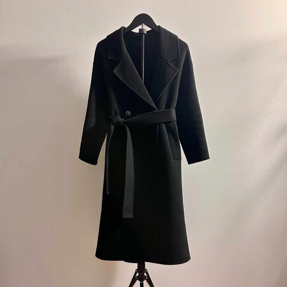 The Curated Black London Wool Cashmere Double Breasted Belted Coat Size XXXS
